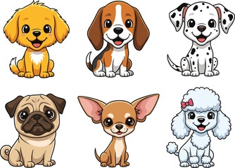 Cartoon dog breed character set, cute pet illustrations, playful puppy clipart, kids vector design, stylized animal icons, friendly canine graphics
