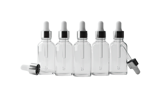 Set of five transparent glass dropper bottles with black caps on white background, ideal for cosmetics packaging or laboratory use