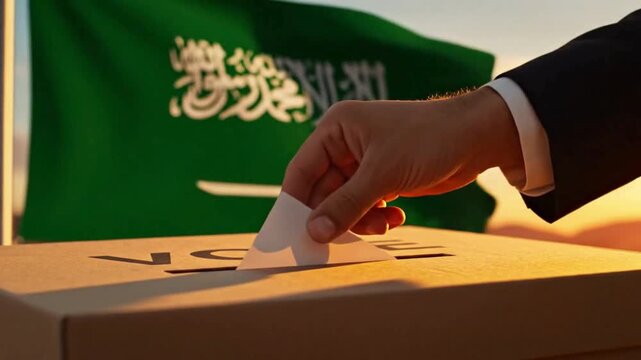 Hand deposits vote in box during Saudi Arabia election with flag waving in background