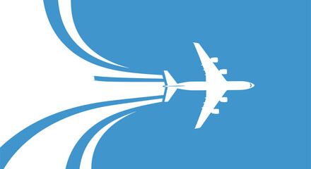 Vector art of white airplane silhouette flying through a blue sky with white abstract trails, symbolizing travel and freedom