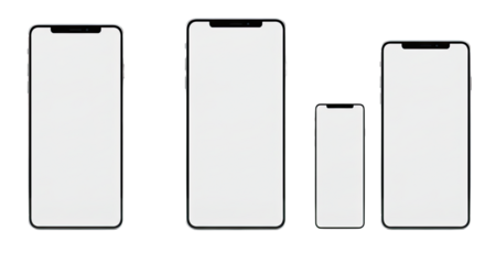 Set of four modern smartphones with blank white screens isolated on white background, ideal for technology presentations or app showcases