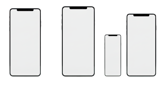 Set of four modern smartphones with blank white screens isolated on white background, ideal for technology presentations or app showcases