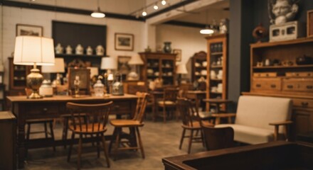 Fototapeta premium Interior of antique shop with various furniture and decorative items, blurred