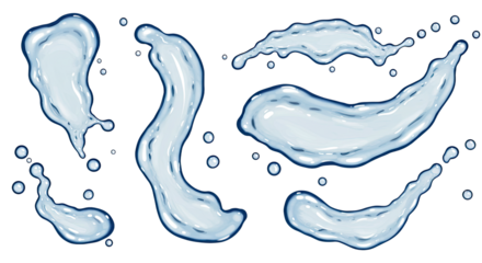 Set of glossy splash water drops isolated on transparent background, realistic water droplet illustrations, perfect for design and backgrounds