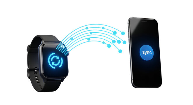 3d icon of smartwatch and smartphone syncing data isolated on transparent background modern devices exchanging information