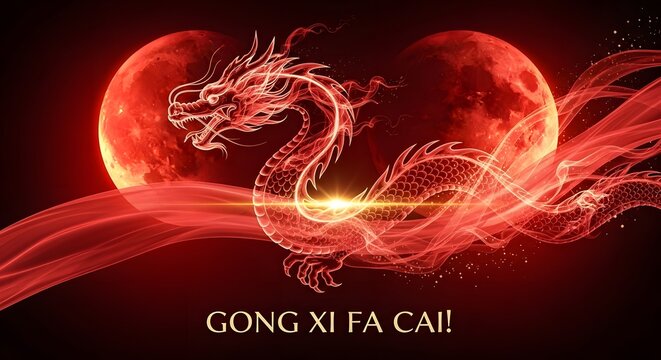 Fiery Dragon and Red Moons with Gong Xi Fa Cai Greeting