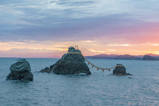 Futami Okitama Shrine and Meoto Iwa at sunrise in Ise city, Mie Prefecture, Japan.