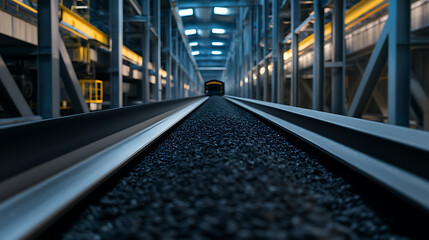 Steel track stretching into the distance within a large industrial facility, bathed in artificial light. A train car waits at the end, promising transport and connection ahead.