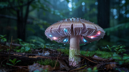 Fototapeta premium Illuminated mushroom cap glows with magical colors in a rainy enchanted forest.