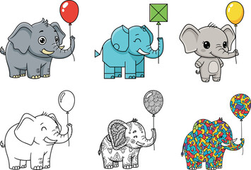 Cartoon elephant illustration set, playful characters with balloons and kites, varied artistic styles and patterns, vector clipart, children’s design asset