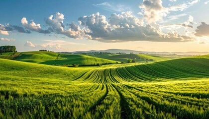 Obraz premium Vibrant Green Rolling Hills Under a Dramatic Sunset Sky with Wispy Clouds and Golden Light