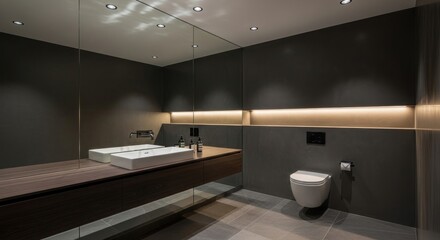 Modern, minimalist bathroom with floating vanity, integrated lighting, and sleek toilet