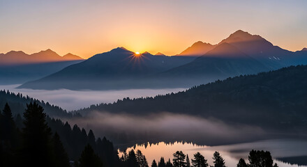 Golden Sunrise over Misty Mountain Lake with Silhouetted Pine Trees