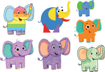 Cartoon elephant character set, colorful animal illustrations, cute wildlife clipart, kids vector design, playful jungle icons, stylized elephant art, creative safari graphics