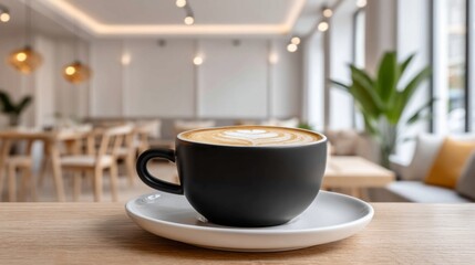 Obraz premium A cozy minimalist coffee shop features stylish decor with natural light streaming through large windows. A perfectly crafted latte rests on a wooden table, inviting relaxation and comfort