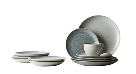 Set of modern ceramic plates and cup with textured gray design on white background, perfect for home dining and kitchen use