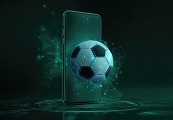 A realistic soccer ball hovers above a sleek smartphone, encircled by teal energy particles and geometric shapes on a dark green background; digital, futuristic aesthetic