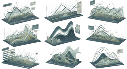 Set of nine 3D financial charts and graphs with peaks and valleys for business analytics and economic forecasting visualization