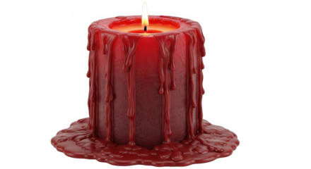 Close-up of a thick red candle burning with dripping wax creating a dramatic effect