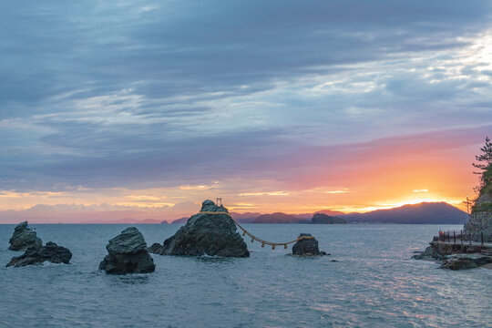 Futami Okitama Shrine and Meoto Iwa at sunrise in Ise city, Mie Prefecture, Japan.