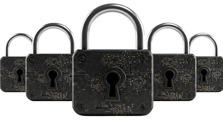 Set of old rusty metal padlocks with circuit board texture, symbolizing cybersecurity and data protection