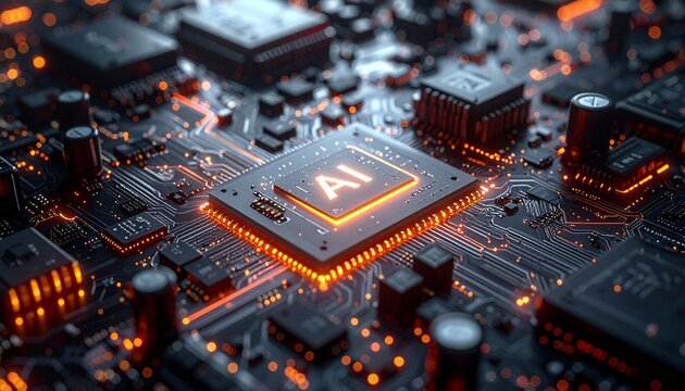 Conceptual representation of artificial intelligence processing on a microchip, illuminating the future of data and machine learning in advanced computing systems