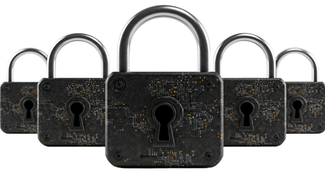 Set of old rusty metal padlocks with circuit board texture, symbolizing cybersecurity and data protection