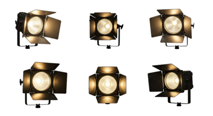 Set of professional studio lighting spotlights with barn doors on black background, perfect for photography and videography setups