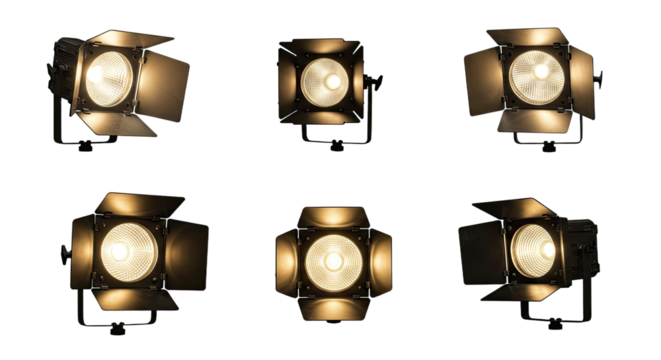 Set of professional studio lighting spotlights with barn doors on black background, perfect for photography and videography setups