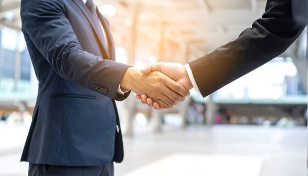 Close-up view of two formal-attired individuals shaking hands. The focus is on the clasped hands, symbolizing agreement. Blurred background