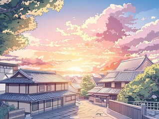 Beautiful sunset scenery in a Japanese style town