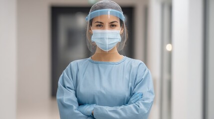 Confident Healthcare Worker in Protective Gear with Face Mask and Face Shield in Modern Hospital Corridor Setting Ready for Patient Care