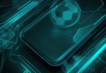 A sleek, dark teal smartphone displays a translucent soccer ball, surrounded by glowing, futuristic teal lines and geometric shapes, suggesting a digital sports or gaming theme