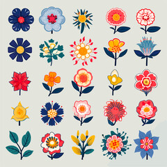 Obraz premium Extensive vector collection of detailed stylized flowers and leaves. Folk art aesthetic with complex patterns, high contrast color palette (deep blue, red, yellow), isolated on soft gradient backgroun