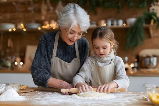 Grandmother teaching granddaughter to bake dough together Generative AI - Powered by Adobe