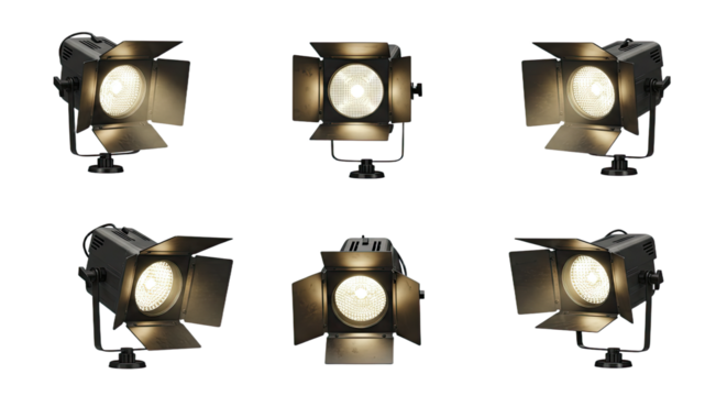 Set of professional studio spotlights with barn doors for photography and film lighting, isolated on black background, ideal for media production - Powered by Adobe