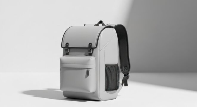 Minimalist grey backpack with flap closure against white wall, dramatic light - Powered by Adobe