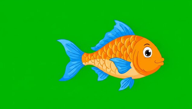 A cute cartoon orange fish with blue fins and tail swimming on a green screen background for chroma keying.