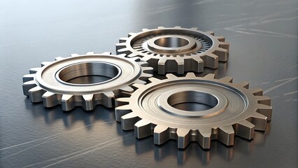 Three metal gears interlocked on a metallic surface, representing collaboration, mechanical processes, and the intricacies of industrial design