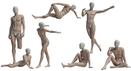Set of seven human male mannequins in various poses isolated on white background, perfect for art reference or figure drawing