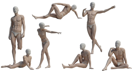 Set of seven human male mannequins in various poses isolated on white background, perfect for art reference or figure drawing