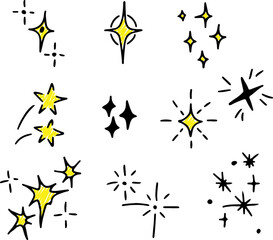 Glittering line star doodles with sparkle and shine effects. Hand-sketched glowing star vectors. Drawn with black curved lines in grunge style