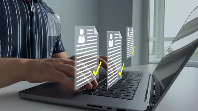 Employee approval process management.Digital documents with check marks verified staff records and online HR management.