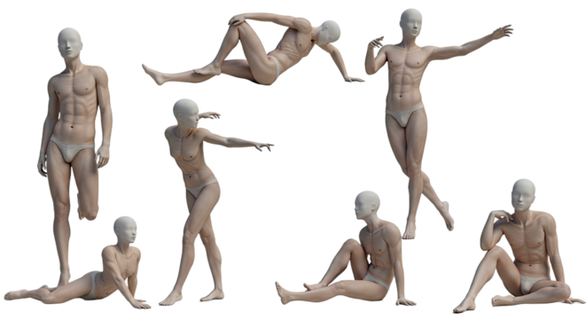 Set of seven human male mannequins in various poses isolated on white background, perfect for art reference or figure drawing - Powered by Adobe