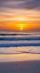 Tranquil Sunset Reflecting Colorful Sky on Ocean Waves and Wet Sand
