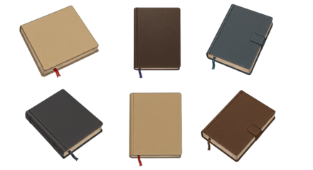 Set of six assorted color leather-bound notebooks with ribbon bookmarks isolated on white background, ideal for journaling and note-taking
