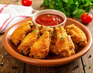 Crispy golden fried chicken wings with tomato sauce