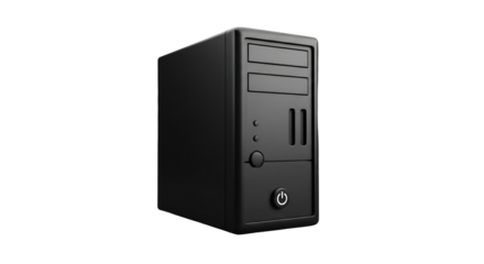 3d icon of black computer tower isolated on transparent background, a desktop workstation for home or office use