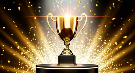 Golden Trophy on Pedestal with Confetti and Light Beams for Victory, Recognition, and Celebration Moments