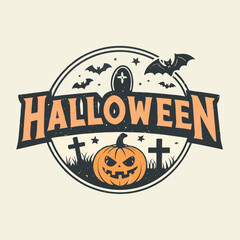 Halloween vector art of an eerie halloween scene with a large, menacing pumpkin in the foreground, surrounded by bats flying against a full moon, creating a spooky and festive atmosphere	
